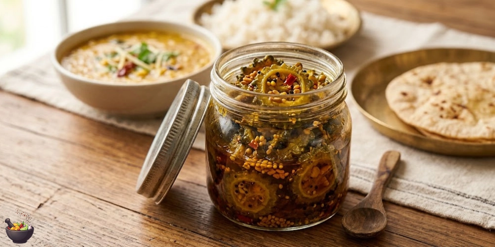 Karela Pickle Health Benefits - Authentic Pakistani Karela Achar Served with Daal, Rice and Roti